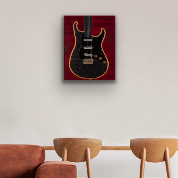 Marble Black Guitar on Red Acrylic & Mixed Media Painting by Dawn M. Wayand