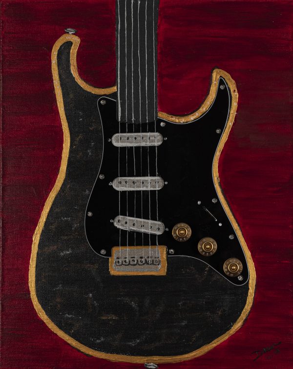 Marble Black Guitar on Red Acrylic & Mixed Media Painting by Dawn M. Wayand