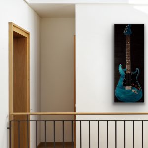 Electric Guitar in Metallic Cobalt Blue I Acrylic & Mixed Media Painting by Dawn M. Wayand