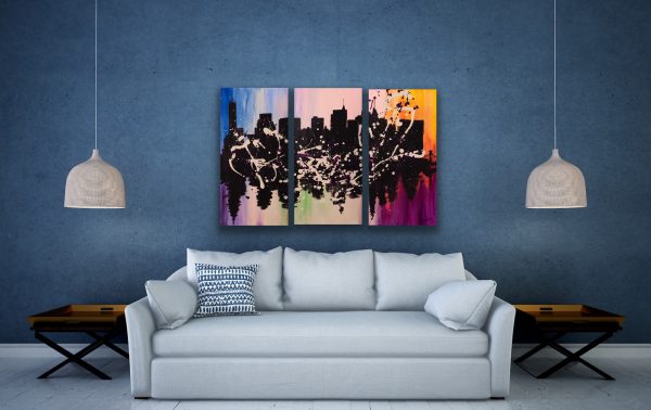 NYC Skyline in Bloom I Acrylic Triptych Paintings by Dawn M. Wayand