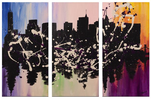 NYC Skyline in Bloom I Acrylic Triptych Paintings by Dawn M. Wayand