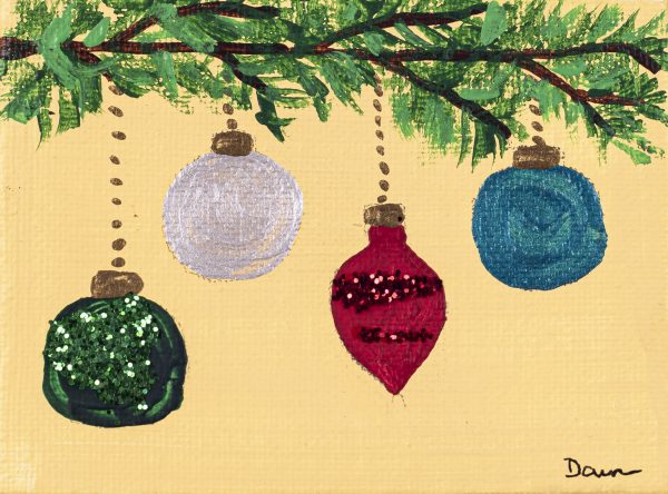 Holiday Ornaments III Acrylic and Mixed Media Painting by Dawn M. Wayand