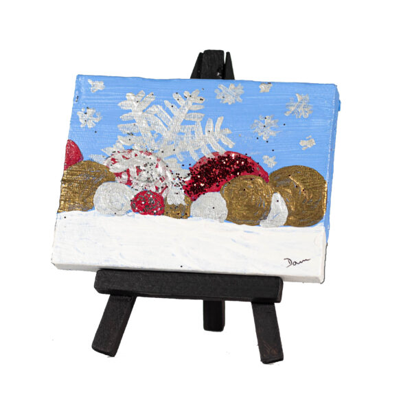 Holiday Ornaments in Snow I Acrylic and Mixed Media Painting by Dawn M. Wayand