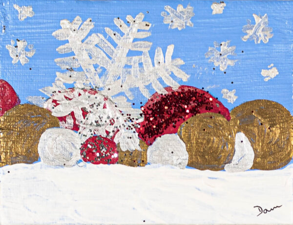 Holiday Ornaments in Snow I Acrylic and Mixed Media Painting by Dawn M. Wayand