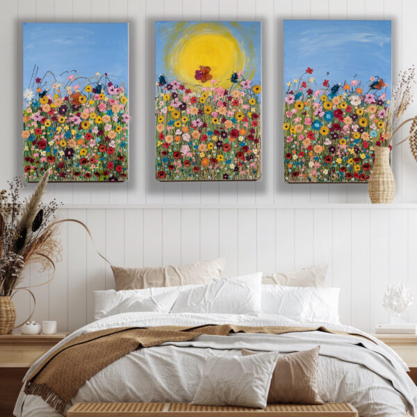 Field of Wildflowers I Acrylic and Mixed Media Triptych Paintings by Dawn M. Wayand