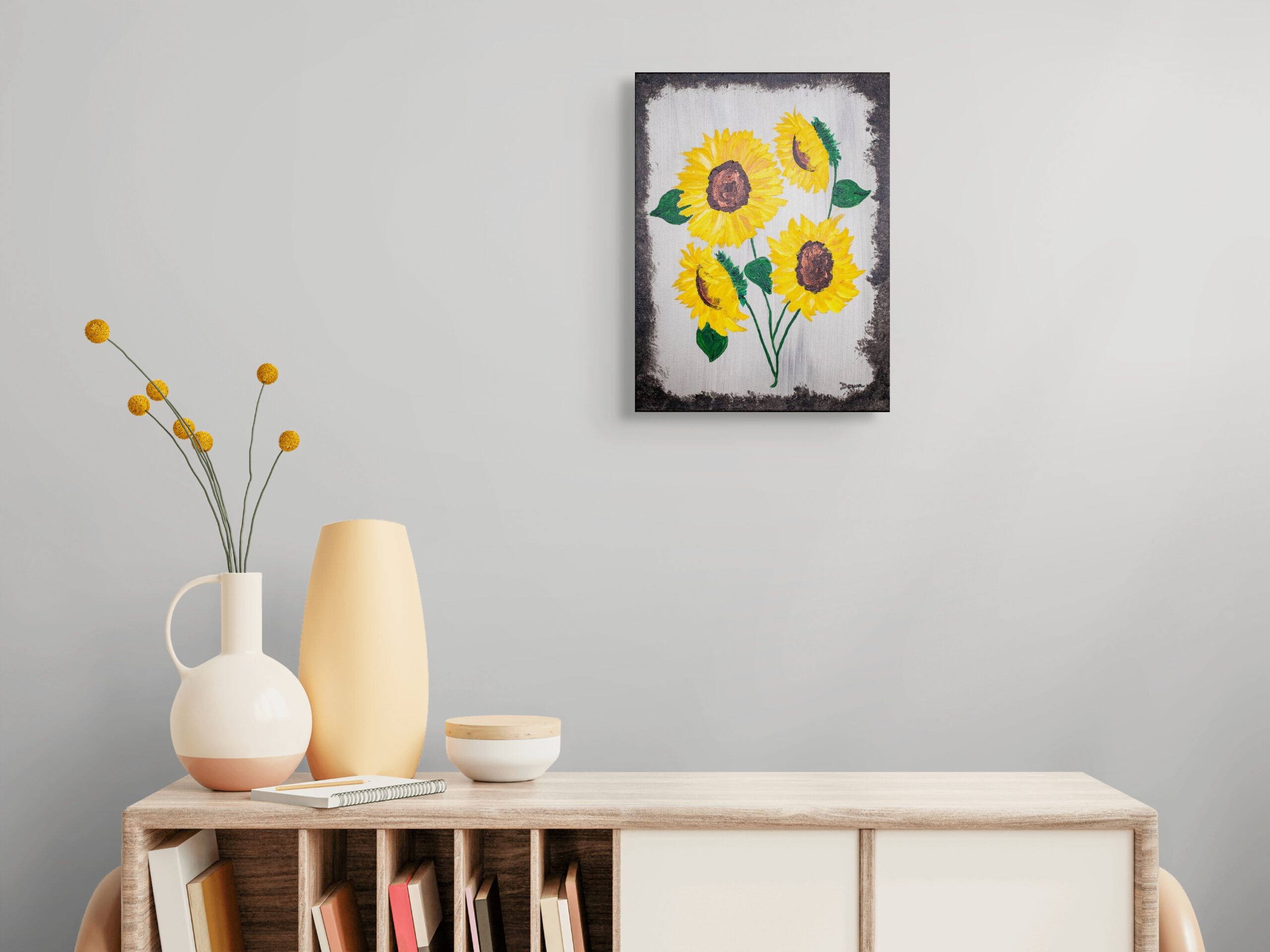 Sunflowers on Silver I - Acrylic on Canvas Painting by Dawn M. Wayand