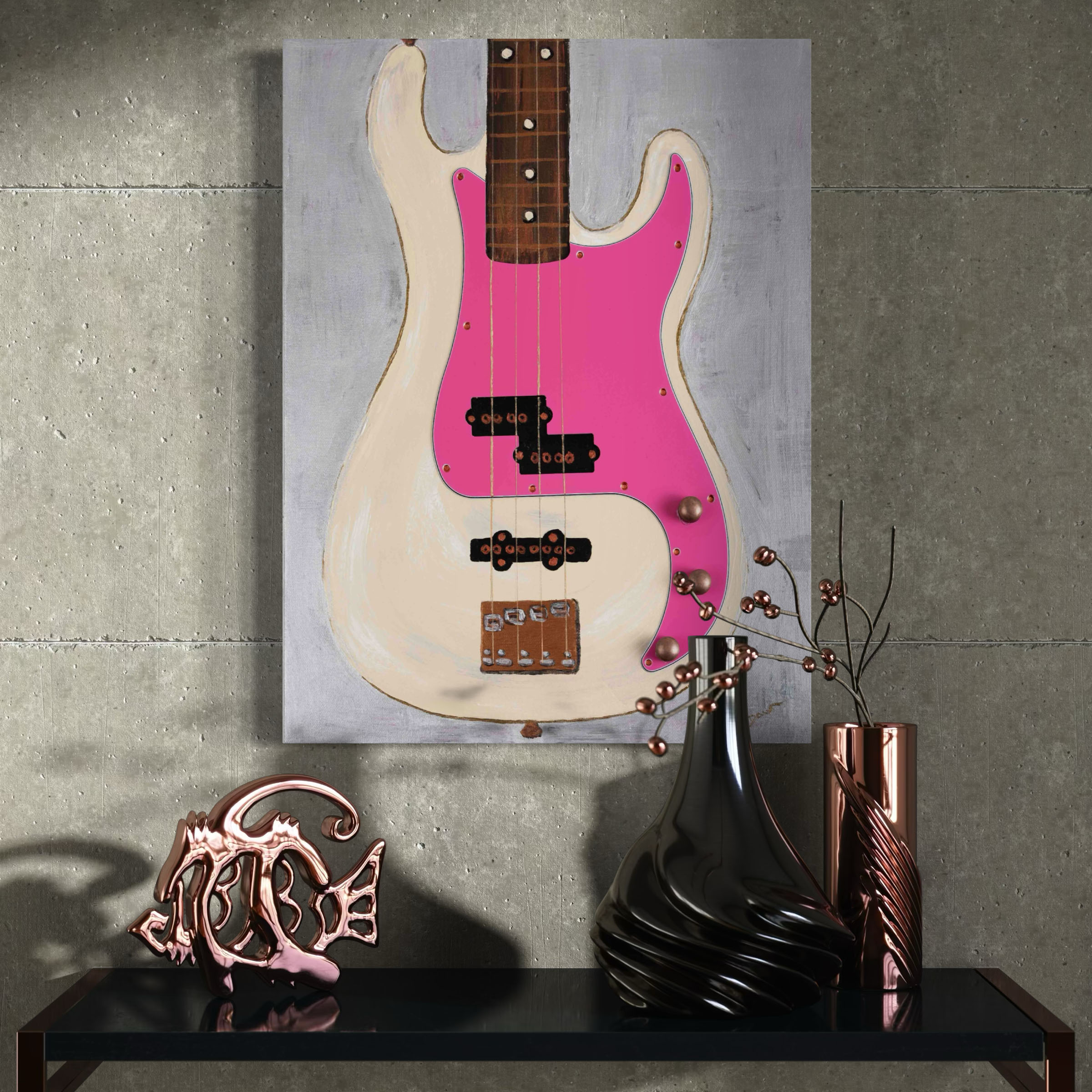 Bass Guitar in Cream & Pink on Silver I Acrylic & Mixed Media Painting by Dawn M. Wayand Arts
