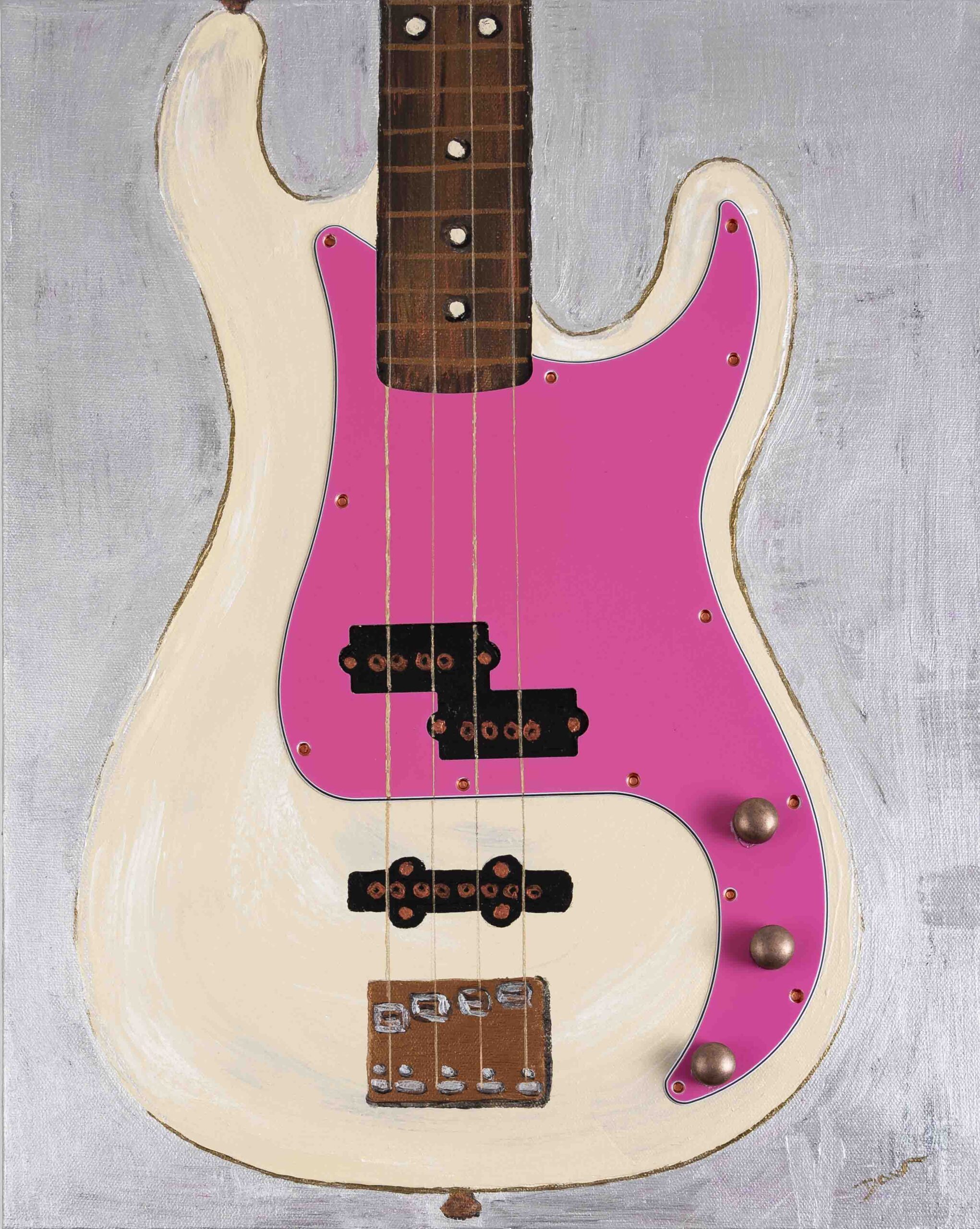 Bass Guitar in Cream & Pink on Silver I Acrylic & Mixed Media Painting by Dawn M. Wayand Arts