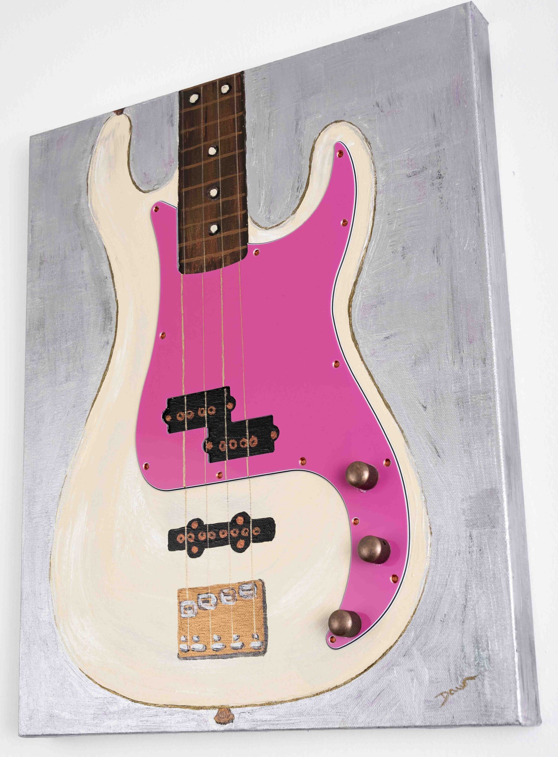 Bass Guitar in Cream & Pink on Silver I Acrylic & Mixed Media Painting by Dawn M. Wayand Arts