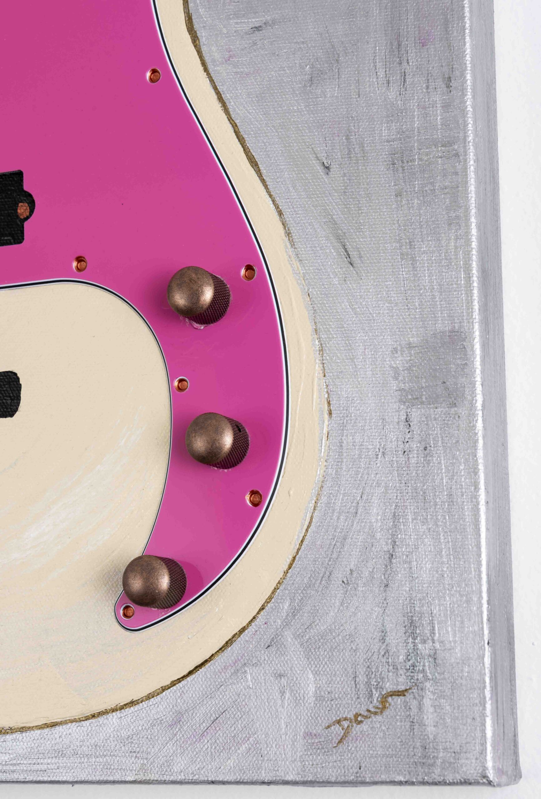 Bass Guitar in Cream & Pink on Silver I Acrylic & Mixed Media Painting by Dawn M. Wayand Arts