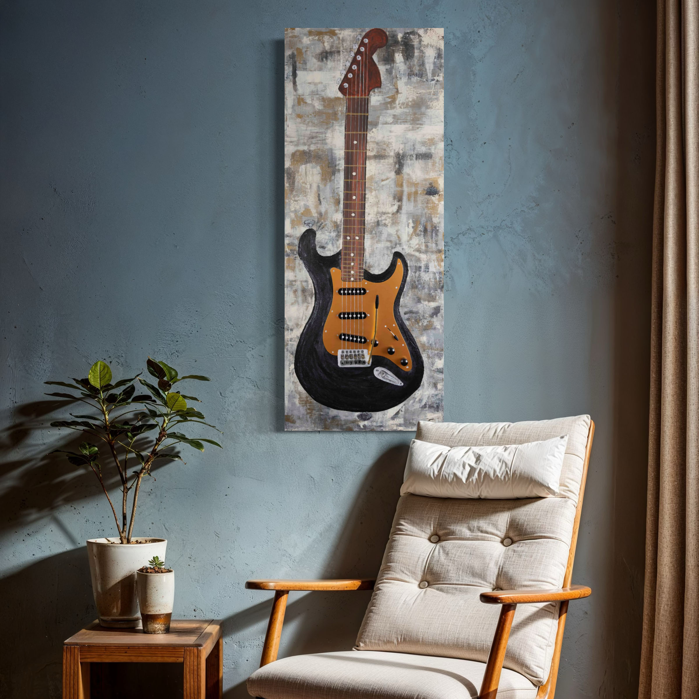 Electric Guitar in Black on Metallic Neutral Abstract I Acrylic & Mixed Media Painting by Dawn M. Wayand Arts