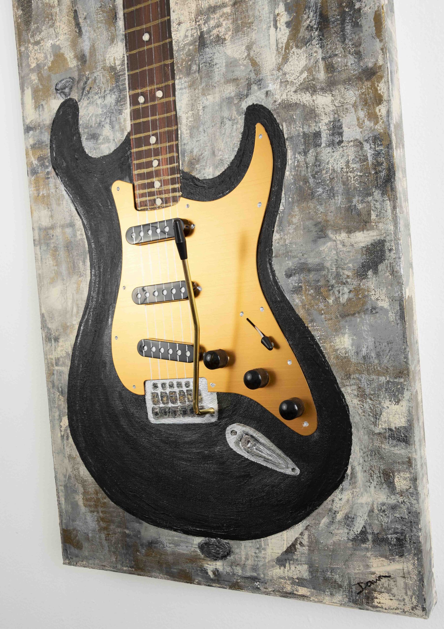 Electric Guitar in Black on Metallic Neutral Abstract I Acrylic & Mixed Media Painting by Dawn M. Wayand Arts