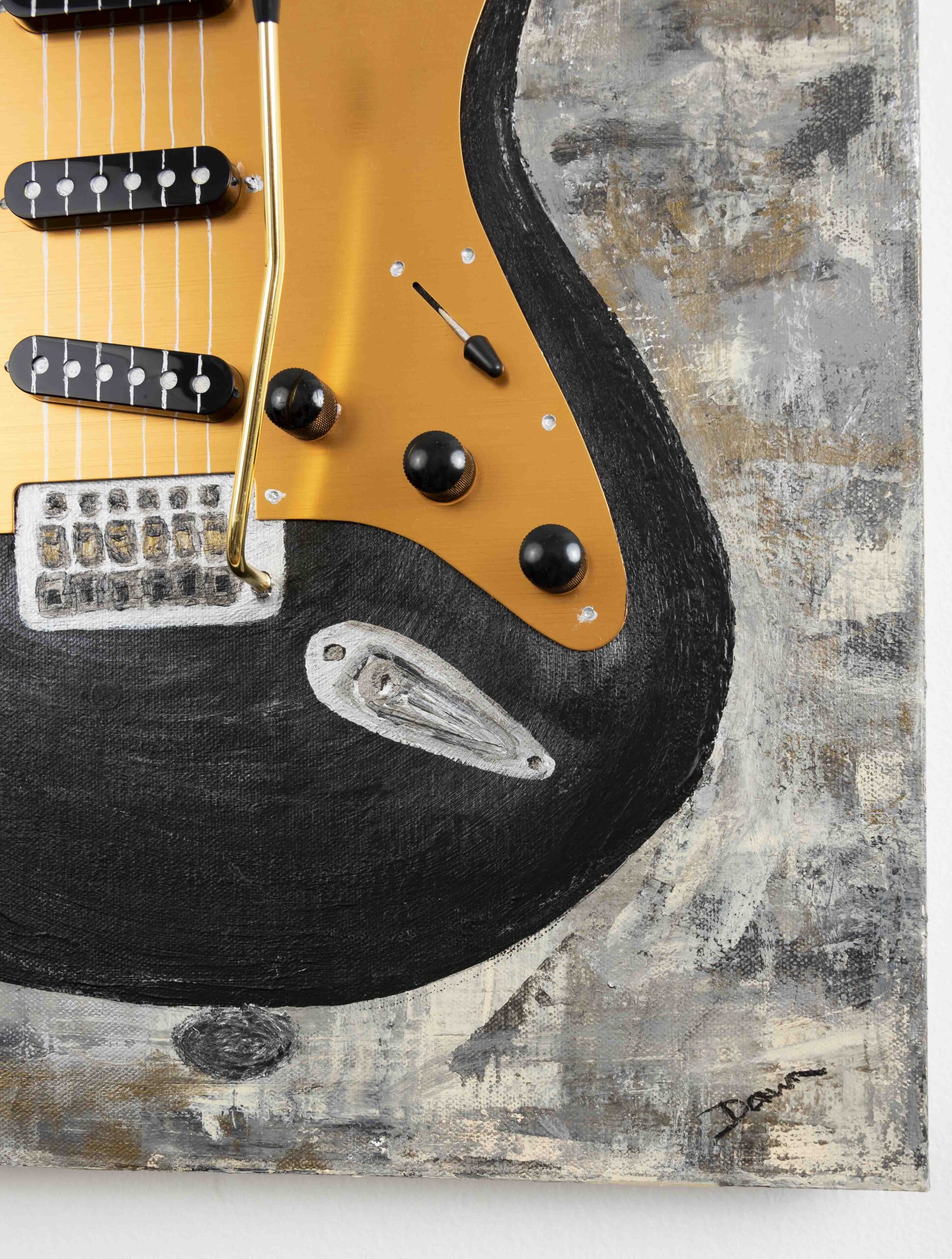 Electric Guitar in Black on Metallic Neutral Abstract I Acrylic & Mixed Media Painting by Dawn M. Wayand Arts
