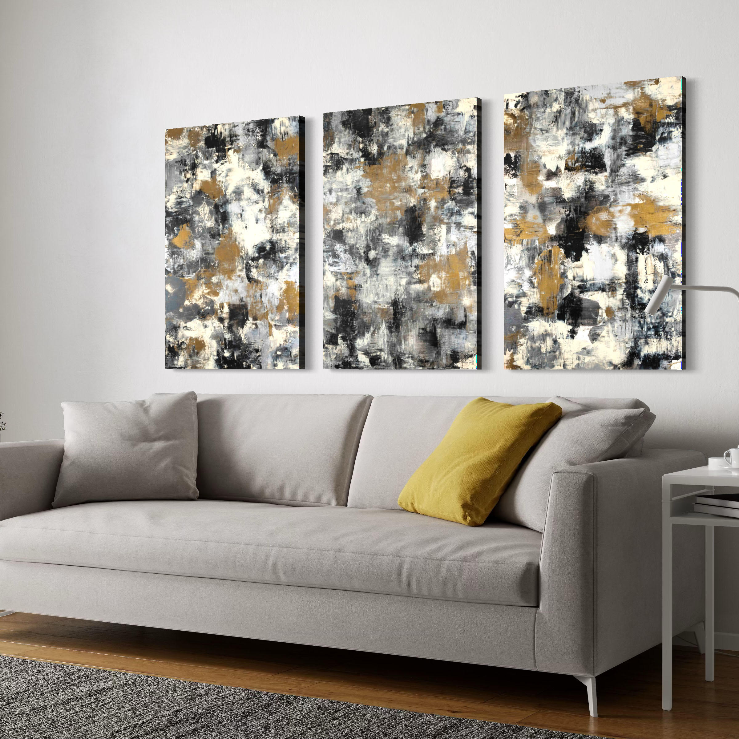 Neutral Metallic Abstract Triptych I Painting by Dawn M. Wayand