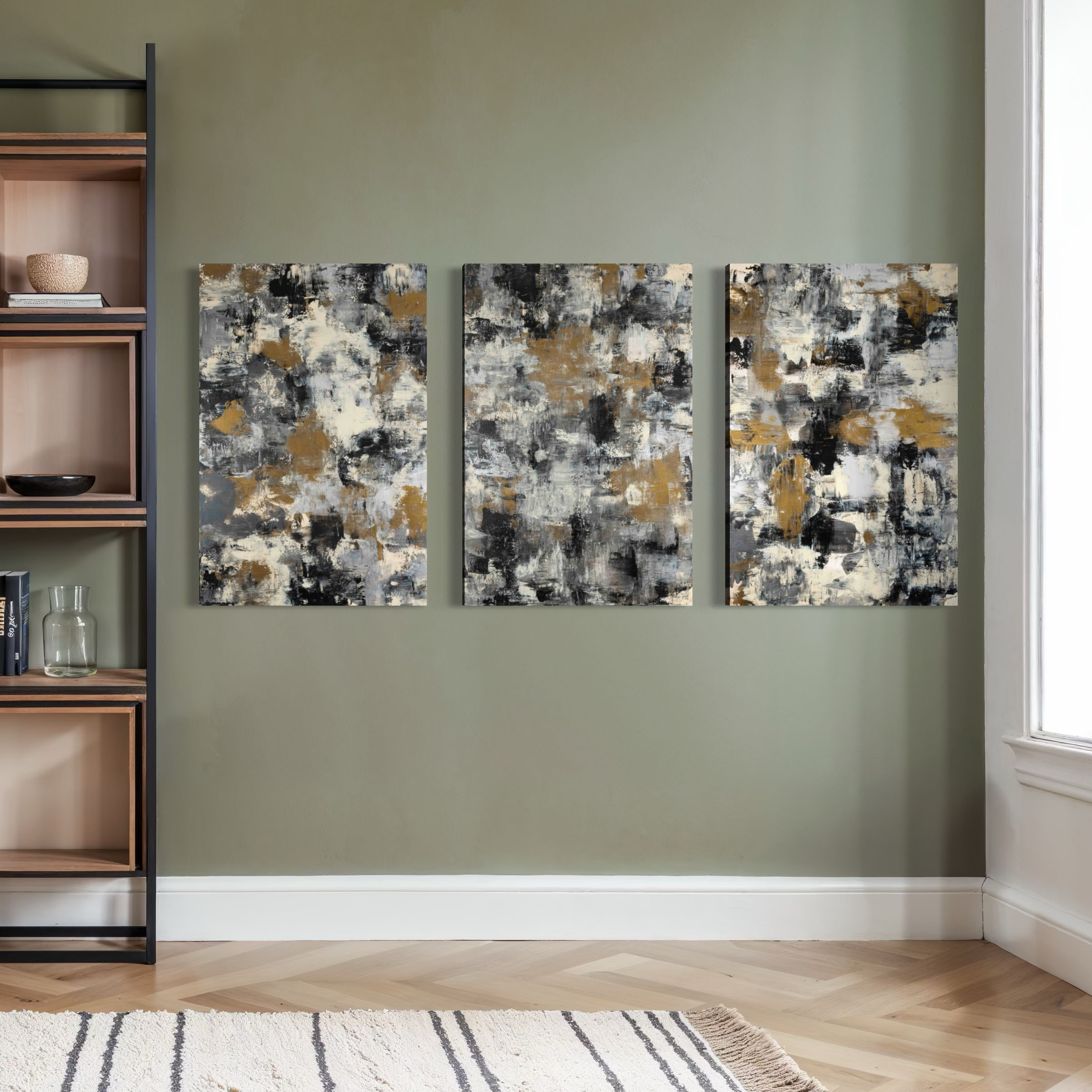 Neutral Metallic Abstract Triptych I by Dawn M. Wayand